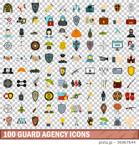 100 guard agency icons set, flat style 36967644