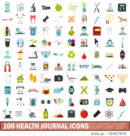 100 health journal icons set, flat style 36967645