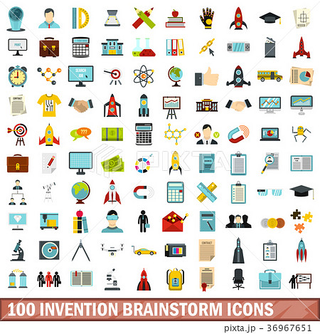 100 invention brainstorm icons set, flat style 36967651