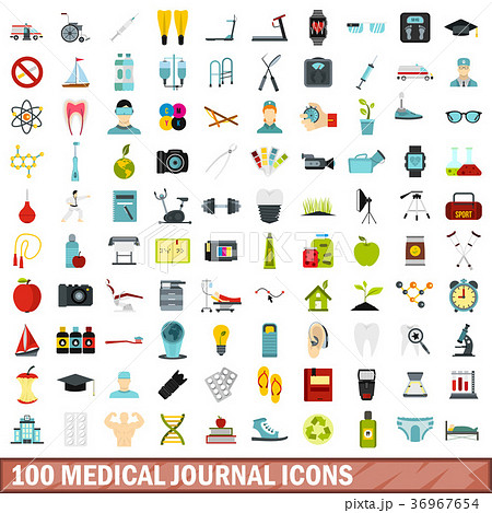 100 medical journal icons set, flat style 36967654