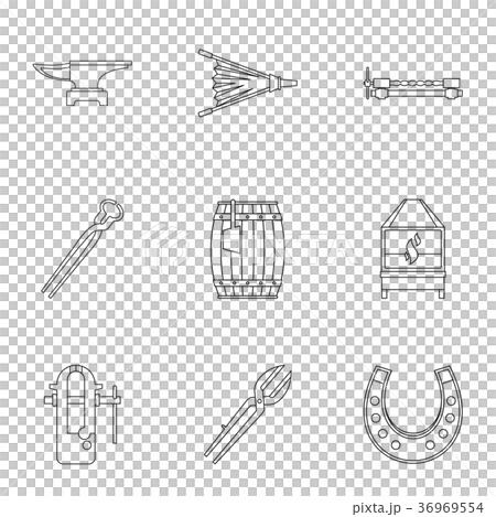 Blacksmith equipment icon set, outline style Blacksmith equipment icon set, outline style 36969554