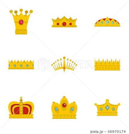Gold crown icon set, flat style 36970174