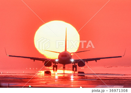 夕日と飛行機が滑走路を走行する風景 夕日と飛行機が滑走路を走行する風景 36971308