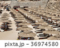 Beach with sun loungers and umbrellas 36974580