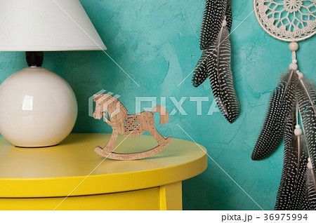 Bedroom decor on aquamarine background Bedroom decor on aquamarine background 36975994