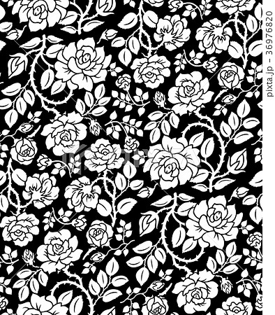 薔薇パターン背景 連続模様 白黒大のイラスト素材