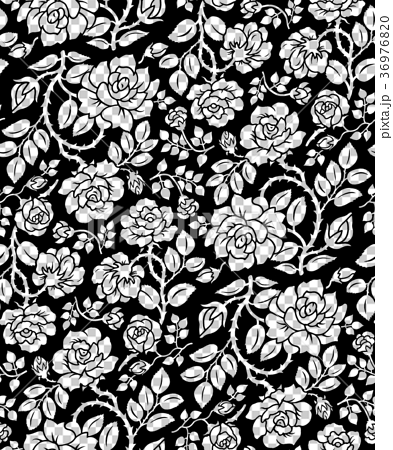 薔薇パターン背景 連続模様 白黒大のイラスト素材