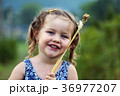 Little girl put wheat spikelets on the face 36977207