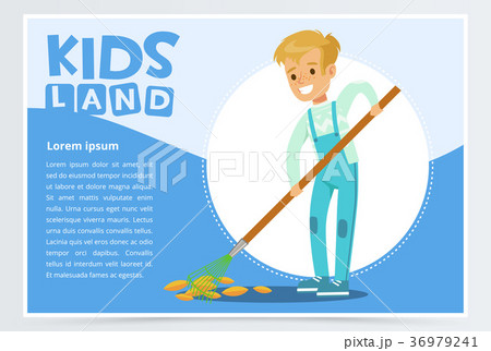 Boy raking fall leaves in garden, eco concept 36979241