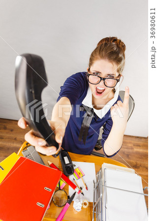 Angry bossy businesswoman phone talking 36980611