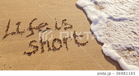 Handwritten inscription Life is Short on the sand  36981165