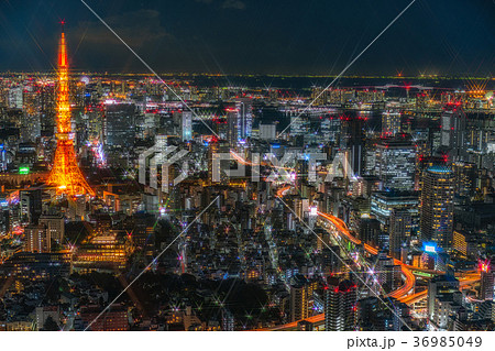 スカイデッキからの東京タワー夜景の写真素材