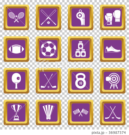 Sport equipment icons set purple Sport equipment icons set purple 36987374