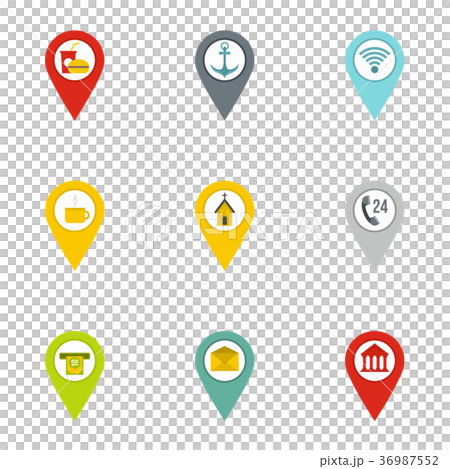 Travel pins icon set, flat style 36987552