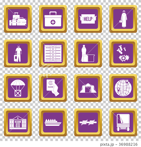 Refugees problem icons set purple 36988216