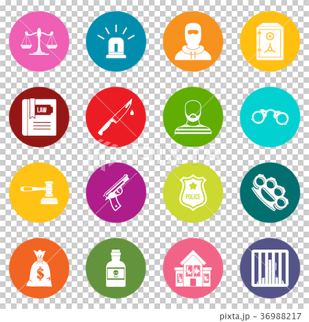 Crime and punishment icons many colors set 36988217