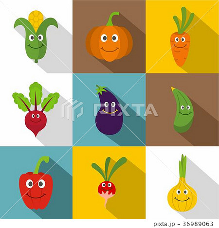 Funny vegetables icons set, flat style 36989063