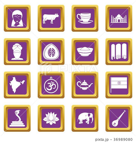 India travel icons set purple 36989080