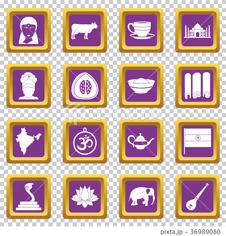 India travel icons set purple 36989080