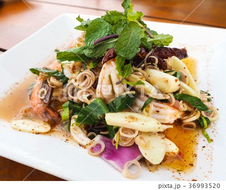 Shrimp salad with lemon grass and mint ,Thai food. 36993520