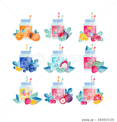 Glass jars with sweet drinks of different flavors 36993539