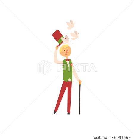 Young illusionist showing trick with doves flying 36993668