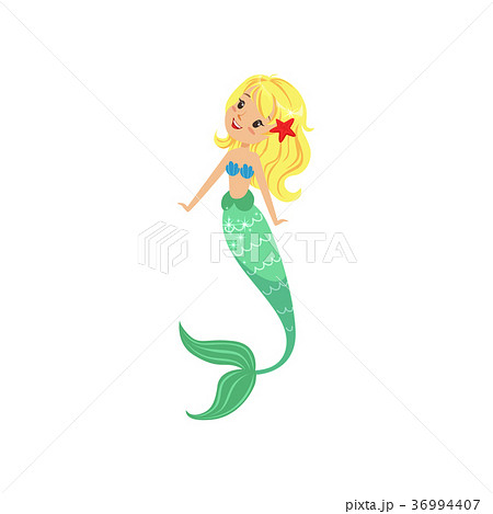 Blond Mermaid Girl With Long Fish Tail And Shellのイラスト素材