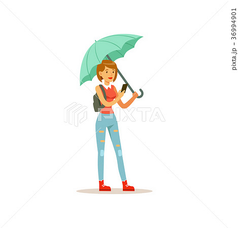 Beautiful woman with phone standing under 36994901