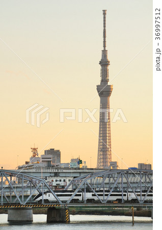 夕焼けのスカイツリーと京成スカイライナー 36997512