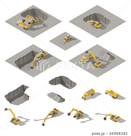 Excavator and bulldozer digs a pit 36998385