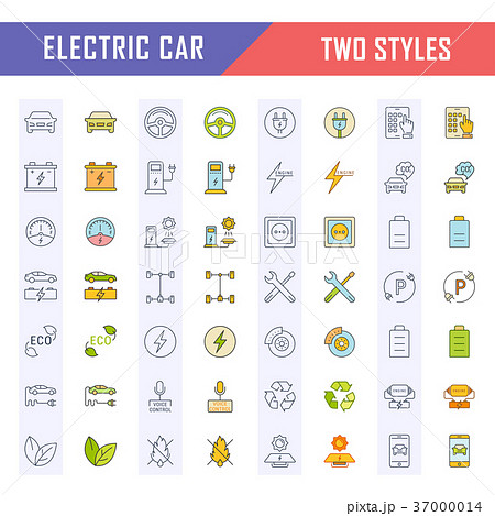 Set Vector Flat Line Icons Electric Cars Set Vector Flat Line Icons Electric Cars 37000014