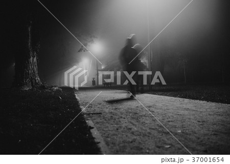 people motion blur in the park night and heavy fog people motion blur in the park night and heavy fog 37001654