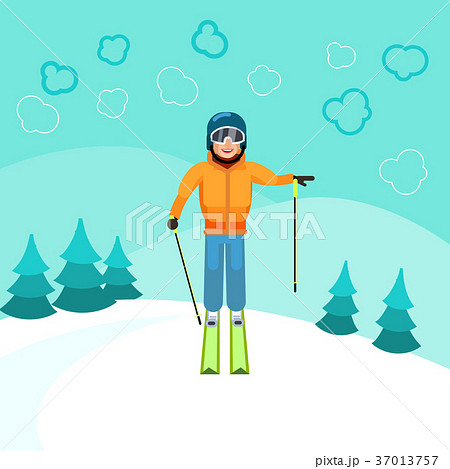 Skier standing on top of a mountain. 37013757