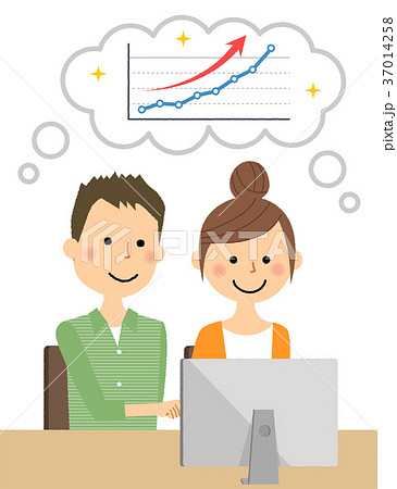右肩上がりのグラフを想像する若いカップル 37014258