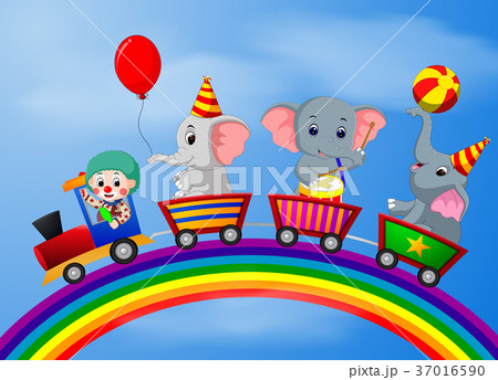 Clown and elephant on the train with rainbow Clown and elephant on the train with rainbow 37016590