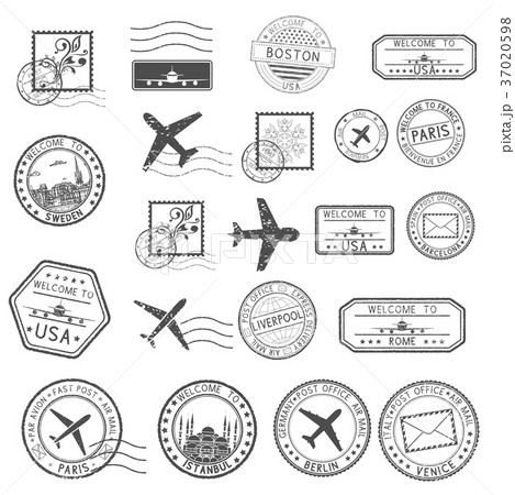 Post stamps. Set of black postmarks and travel 37020598