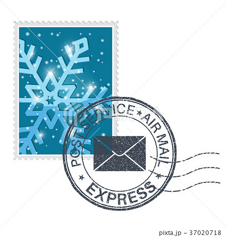 Postal stamp with blue snowflake and air mail 37020718