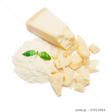 a piece of Parmesan and grated cheese on white a piece of Parmesan and grated cheese on white 37023064
