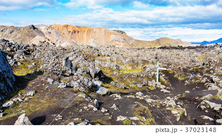 sign at Laugahraun volcanic lava field in Iceland 37023148