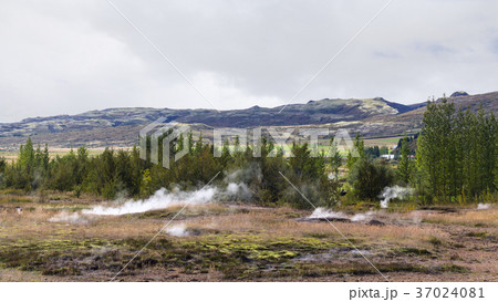 Haukadalur geyser valley in september in Iceland Haukadalur geyser valley in september in Iceland 37024081