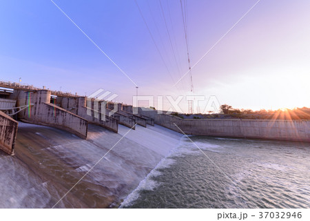 Spillway of Dam gate on morning, Spillway of Dam gate on morning, 37032946