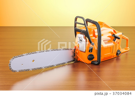 Chainsaw on the wooden table. 3D rendering Chainsaw on the wooden table. 3D rendering 37034084