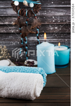Interior decor with dream catcher, lit candle Interior decor with dream catcher, lit candle 37034564