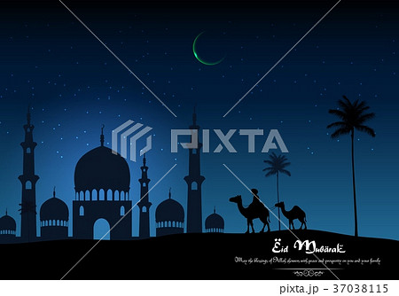 Eid mubarak with camel walks through and mosque in Eid mubarak with camel walks through and mosque in 37038115
