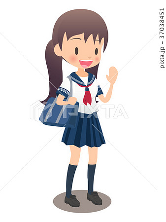 セーラー服を着た女子高生が手を振るイラスト画像のイラスト素材