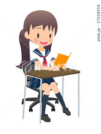 セーラー服を着た女子高生が教科書を読んでいるイラスト画像 37038458
