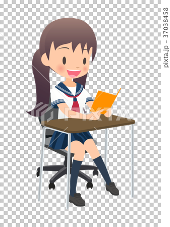 セーラー服を着た女子高生が教科書を読んでいるイラスト画像 37038458