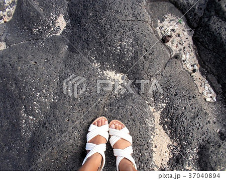 ハワイ・オアフ島の海辺の岩とそこに立つサンダルをはいた女性の足 ハワイ・オアフ島の海辺の岩とそこに立つサンダルをはいた女性の足 37040894