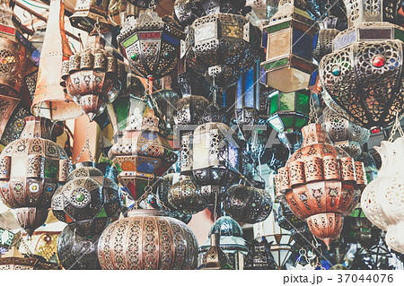 Shining moroccan metal lamps and souvenirs 37044076