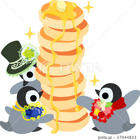 おしゃれで可愛い赤ちゃんペンギンとパンケーキタワーのイラスト素材